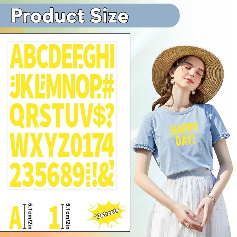 Metsyth 12 Sheets 612 Pieces Iron on Letters and Numbers for Clothing 2 Inch Iron on Letter Patches Large with PU Heat Transfer Alphabet Adhesive Stickers for Fabric T-Shirt Jersey DIY Craft,Yellow - Image 2